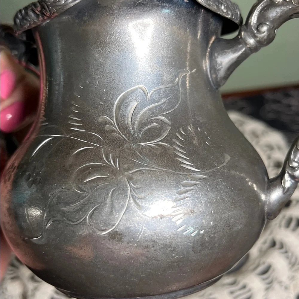 Vintage Silverplate Creamer with Floral Engraving Ornate Handles Antique